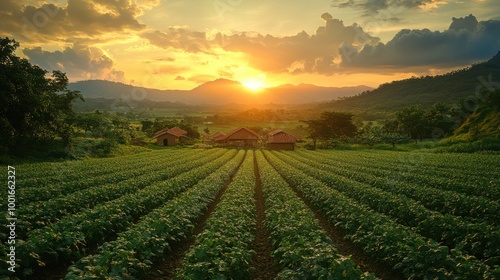 Sunset over Lush Farmland with Rows of Crops and Distant Hills