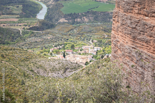 a view over Las Penas de Riglos village, comarca of Hoya de Huesca, province of Huesca, Aragon, Spain photo