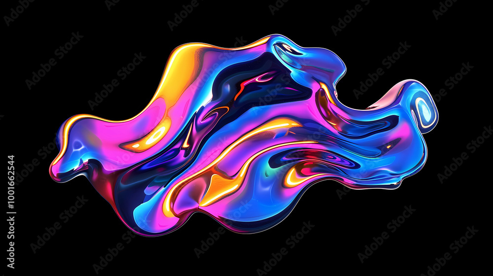 Obraz premium Bold holographic liquid blob shape isolated. Iridescent wavy melted substance on black background