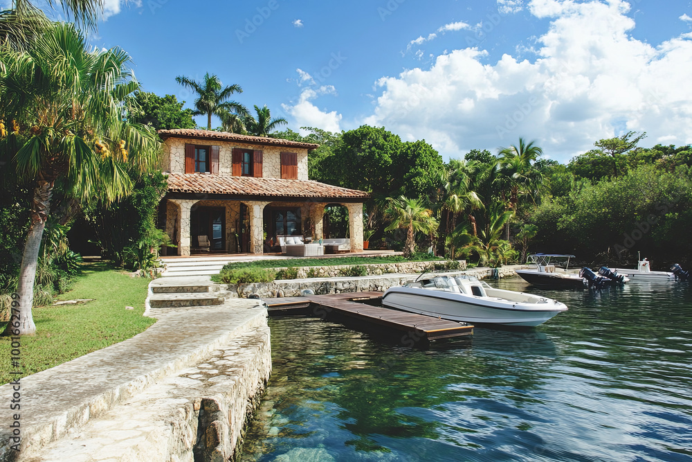 Obraz premium Villa with a private dock and boats moored nearby