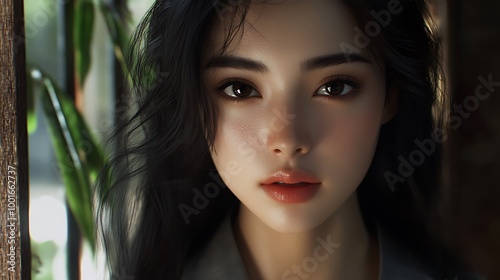 Closeup portrait of a young woman with long black hair and brown eyes. Concept of beauty, femininity, and mystery.