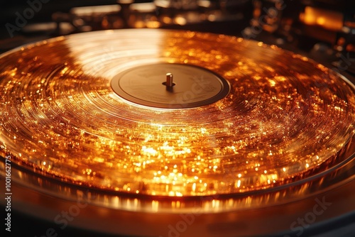 a realistic depiction of a gold vinyl lp plate sitting on a gramophone symbolizing popular disco music radiating nostalgia and charm through its vintage aesthetics and detailed craftsmanship photo