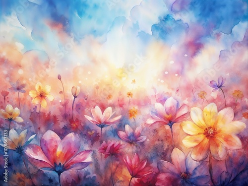 brant watercolor flowers in a dreamy field with a glowing sunlight background
