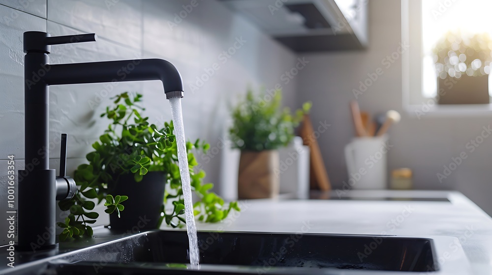 Fototapeta premium Water flows from the tap in the kitchen. The concept of cleanliness and hygiene