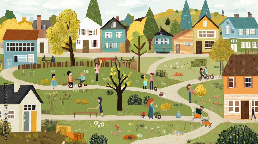 Show a neighborhood evolving over time, with new homes, schools, and parks emerging. People plant trees, build houses, and engage in community activities, symbolizing societal development. Show a neighborhood evolving over time, with new homes, schools, and parks emerging. People plant trees, build houses, and engage in community activities, symbolizing societal development.
