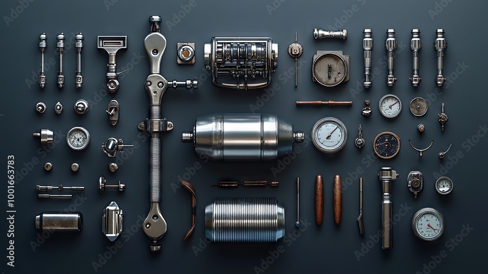 Collection of metallic mechanical parts and tools arranged neatly Collection of metallic mechanical parts and tools arranged neatly