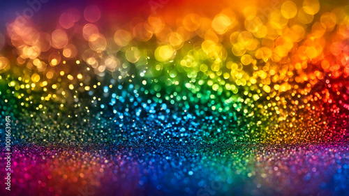 A vibrant rainbow glitter texture with glowing bokeh lights, creating a sparkling and festive visual effect.