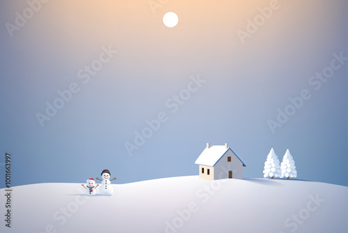 Winter scenery with a small house and two cute cheerful snowmen on a full moon night. Christmas or New year greeting card. Vector illustration