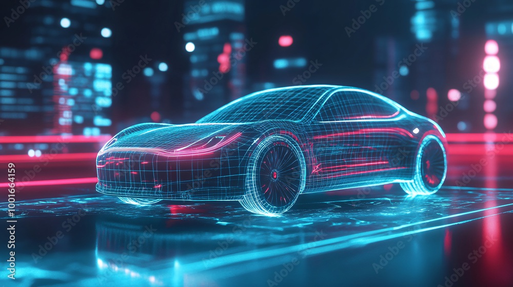 Designing a holographic projection of an autonomous electric car in a futuristic urban setting Designing a holographic projection of an autonomous electric car in a futuristic urban setting