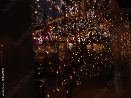 Christmas and New Year holidays decorations of streets with trees and shops with multicolored christmas string fairy lights glowing in the darkness outdoors. Winter holidays celebration concept.