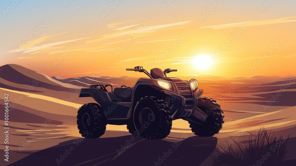 Fototapeta premium A black ATV sits in the desert sand at sunset. The golden hour casts warm light over the dunes.