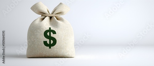 A burlap sack with a dollar sign, symbolizing wealth and finance, sits against a plain background, representing economic themes and savings. photo