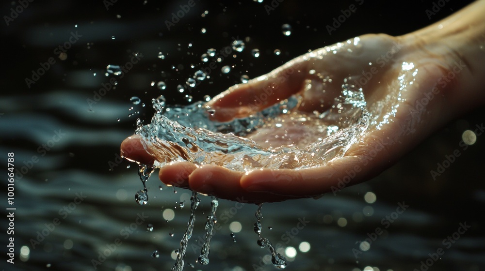 Fototapeta premium Hands cupping water with droplets in natural setting