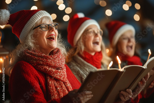 Three cheerful women wearing Santa hats and scarves sing carols by twinkling lights during a festive winter evening celebration photo