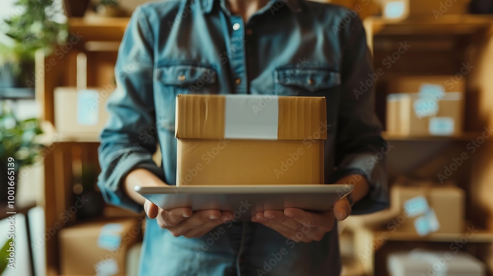 Delivery man holding cardboard box and tablet in the warehouse, online shopping concept Delivery man holding cardboard box and tablet in the warehouse, online shopping concept