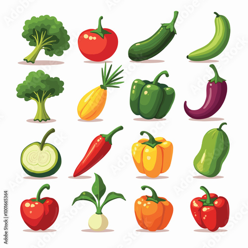 Colorful assortment of fresh vegetables including peppers, tomatoes, squash, and broccoli on a white background.