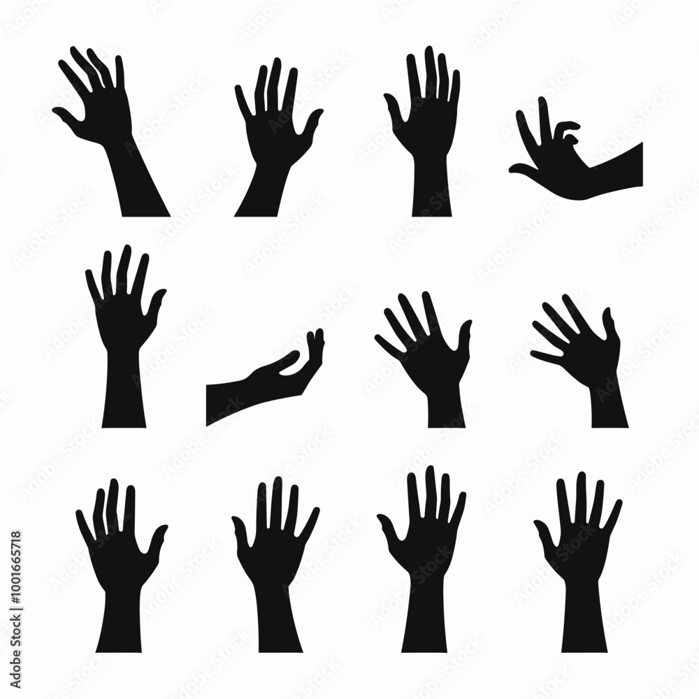 Silhouettes of diverse hands in various positions and gestures against a white background. Silhouettes of diverse hands in various positions and gestures against a white background.