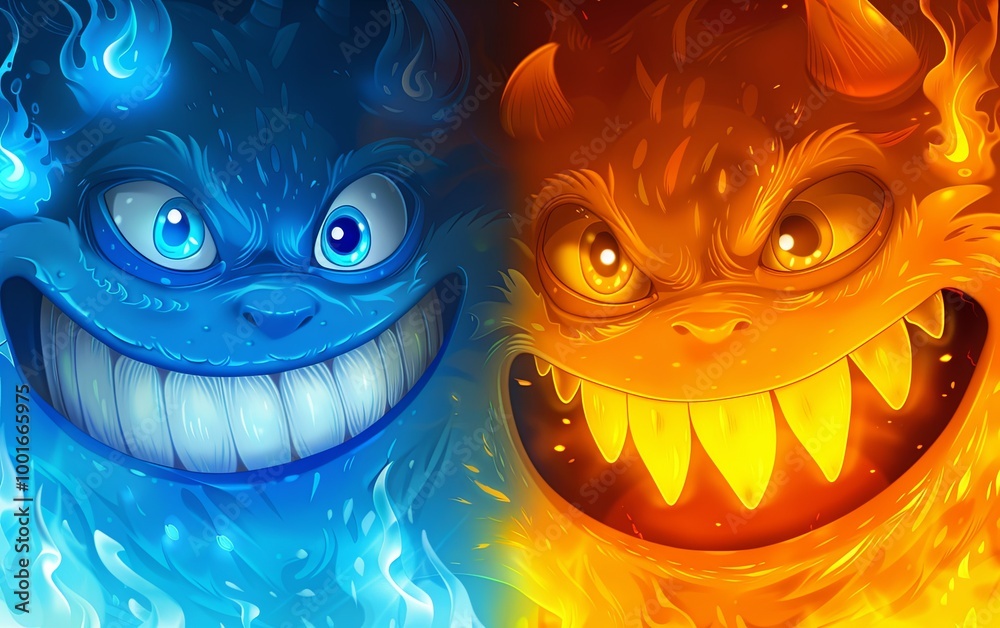 Two monsters with toothy mouths. A pair of aggressive demons. Cartoon characters. Illustration for cover, card, postcard, interior design, banner, poster, brochure or presentation. Two monsters with toothy mouths. A pair of aggressive demons. Cartoon characters. Illustration for cover, card, postcard, interior design, banner, poster, brochure or presentation.