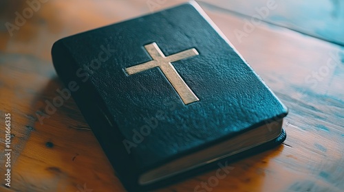 Closed book Bible with leather cover and cross on it. Religious Teachings. Prayer book, scripture, ancient texts. Illustration for banner, poster, cover, brochure or presentation. photo