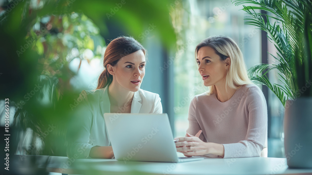 Two businesswomen, sit at a desk in a creative, green-themed office. They engage in conversation while using a laptop, reflecting a professional and collaborative work environment. Two businesswomen, sit at a desk in a creative, green-themed office. They engage in conversation while using a laptop, reflecting a professional and collaborative work environment.