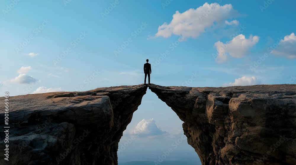 A man stands on a bridge looking out over a valley A man stands on a bridge looking out over a valley