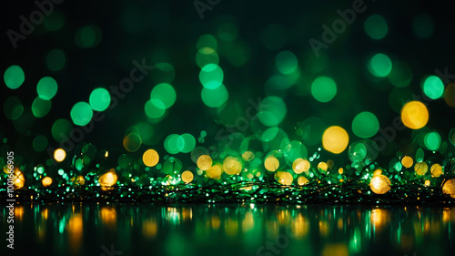 Green and gold bokeh lights with a sparkling glitter foreground, creating a festive, glowing, and magical effect.