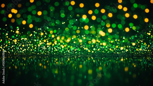 Green and gold bokeh lights with sparkling glitter texture