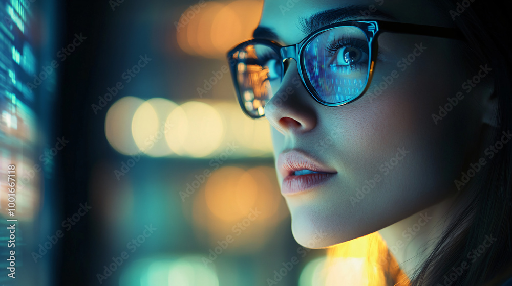 Woman is working late analyzing data on a computer screen reflected in her glasses Woman is working late analyzing data on a computer screen reflected in her glasses
