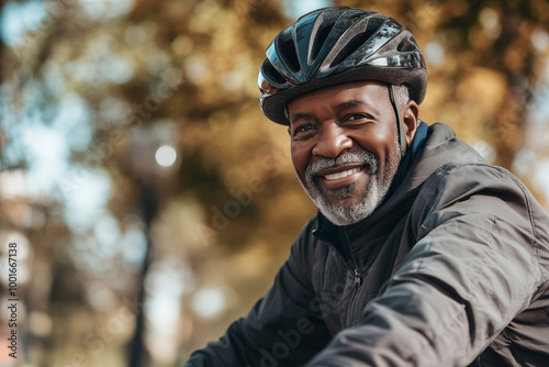 Happy old mature senior black African American man riding his bicycle with helmet on head through park on sunny day. Active lifestyle concept.