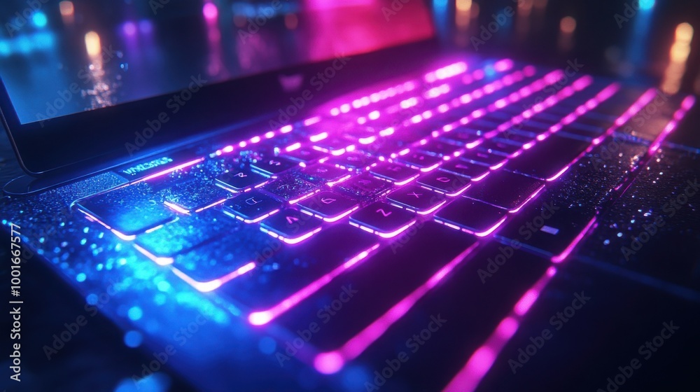 Close-up of a laptop keyboard glowing with blue and purple neon lights. The keys are illuminated, creating a futuristic and vibrant aesthetic. Close-up of a laptop keyboard glowing with blue and purple neon lights. The keys are illuminated, creating a futuristic and vibrant aesthetic.