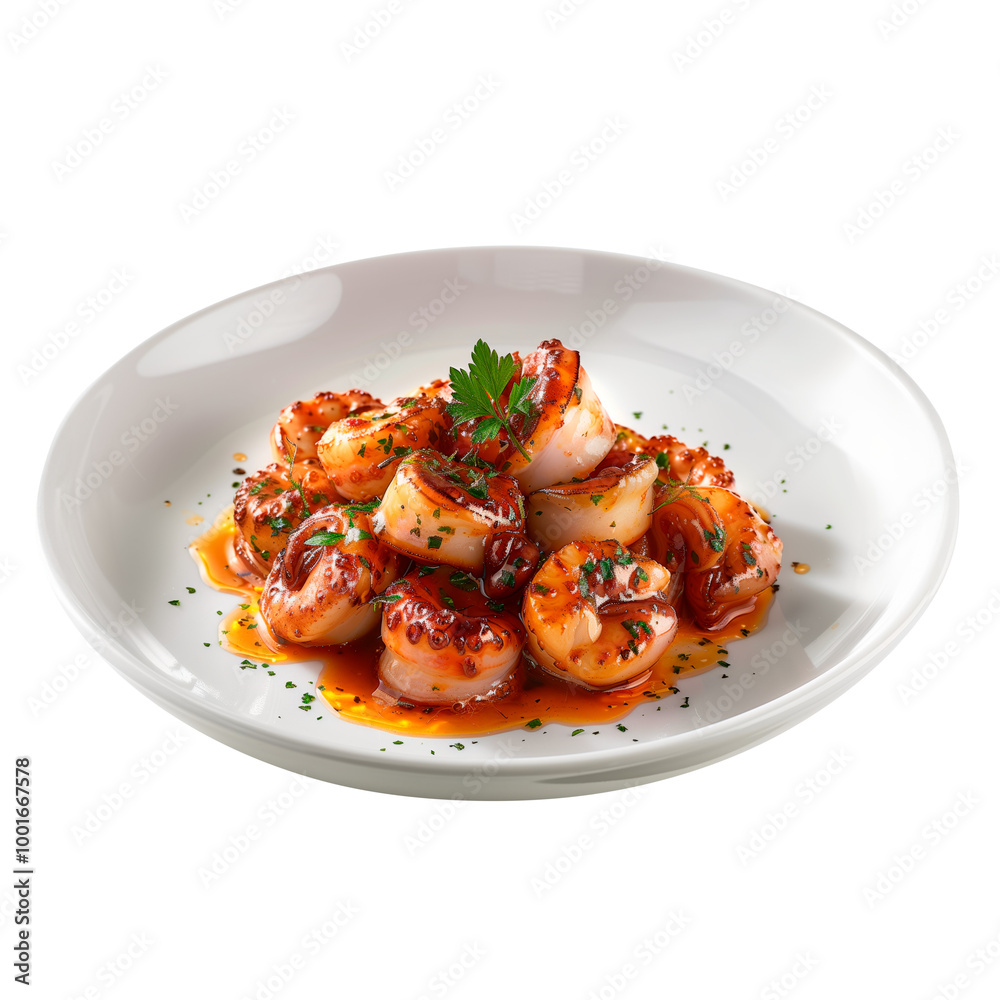 Galician octopus isolated on white or transparent background. Galician octopus in a white plate close-up. Traditional Spanish dish. Side view Galician octopus isolated on white or transparent background. Galician octopus in a white plate close-up. Traditional Spanish dish. Side view