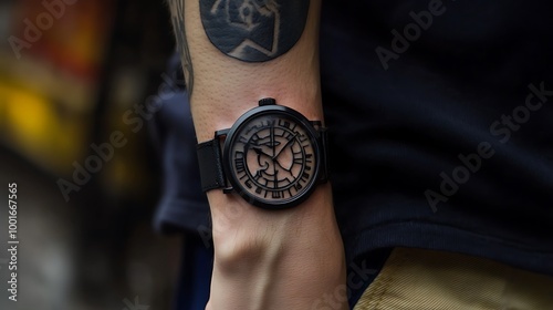 Closeup of a man's wrist wearing a black wristwatch with a unique design