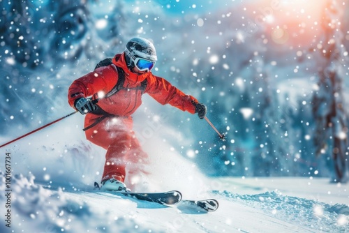 Skier Gliding Down a Snowy Mountain