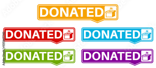 set stylish donated labels icon. Donation social media sticker design vector illustration