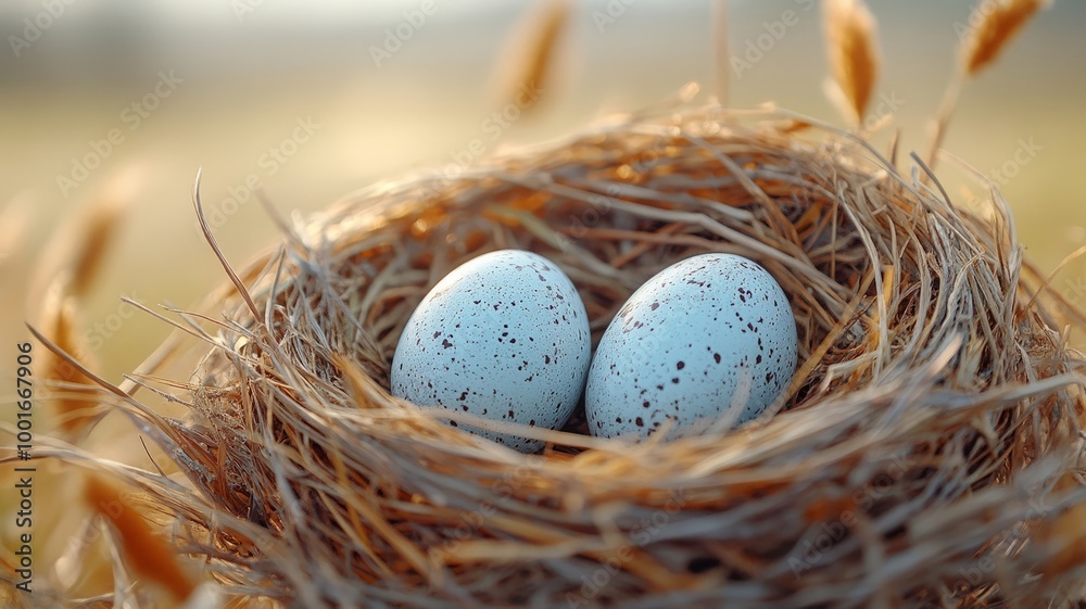 Two Speckled Eggs Nestled in a Bird's Nest