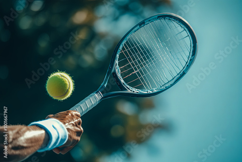 Tennis player hitting a serve during a tournament