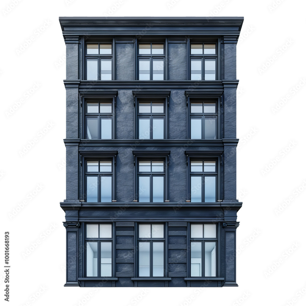 Fototapeta premium Modern apartment building facade with large windows and dark grey stone facade is featuring a contemporary architectural design