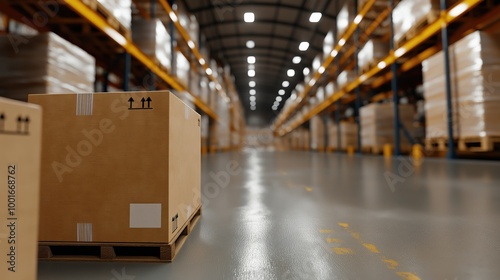 Industrial warehouse with cardboard boxes and soft bokeh lights - logistics and storage concept