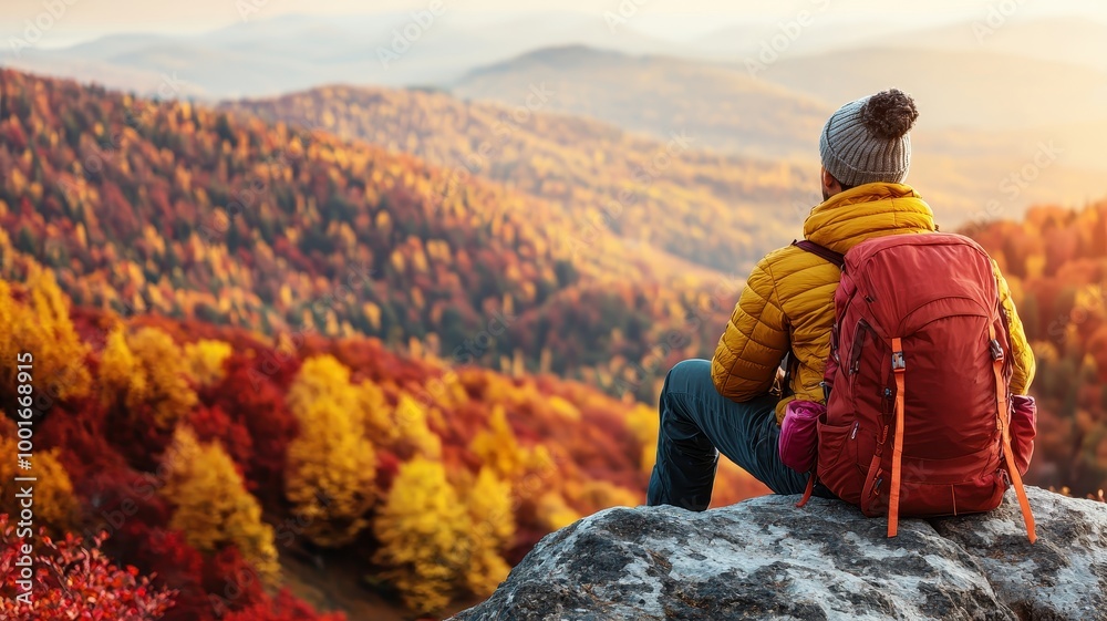 Hiker enjoying a scenic view of colorful autumn mountains during sunset. Hiker enjoying a scenic view of colorful autumn mountains during sunset.