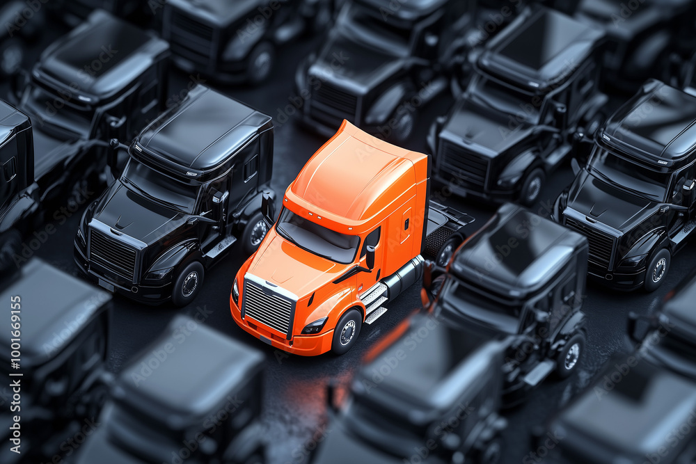 An orange truck stands out among black trucks, symbolizing logistics or transportation industry. Suitable for commercial uses, marketing, or logistics events. An orange truck stands out among black trucks, symbolizing logistics or transportation industry. Suitable for commercial uses, marketing, or logistics events.