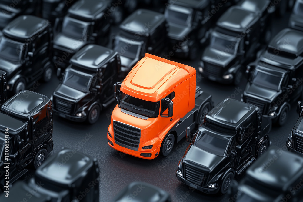 An orange toy truck stands out among black toy trucks, ideal for transportation-themed designs. An orange toy truck stands out among black toy trucks, ideal for transportation-themed designs.