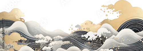 Vector seascape art with flowing lines and splashes of gold