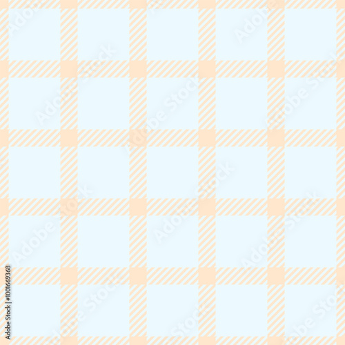 Contemporary plaid fabric tartan, length textile seamless pattern. Funky check background texture vector in blanched almond and alice blue colors.