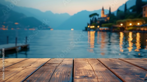 Wooden floor and view of Lake Como at sunset