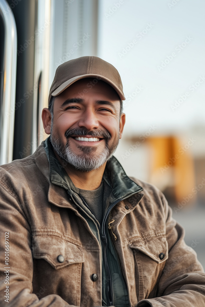 Smiling Man Portrait Outdoors. A smiling middle-aged man in a brown jacket and cap poses outdoors, perfect for transportation or travel-themed designs. Smiling Man Portrait Outdoors. A smiling middle-aged man in a brown jacket and cap poses outdoors, perfect for transportation or travel-themed designs.