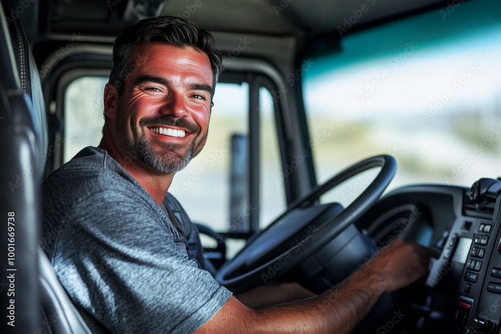 A smiling truck driver enjoys his journey inside a vehicle, suitable for transportation themes, travel ads, or trucking industry promotions. A smiling truck driver enjoys his journey inside a vehicle, suitable for transportation themes, travel ads, or trucking industry promotions.