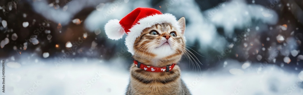 A festive cat wearing a Santa hat enjoying a snowy winter day with falling snowflakes in a peaceful outdoor setting. With copy space for text. Wide web banner.