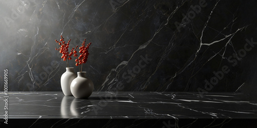 Black marble tabletop on panoramic window background. Stone countertop for luxury beauty products and food presentation.