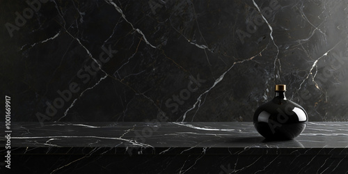 Black marble tabletop on panoramic window background. Stone countertop for luxury beauty products and food presentation.