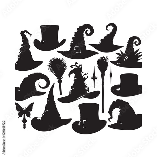 Vintage headwear accessories cast a spell with enchanter's hats silhouette on white background
